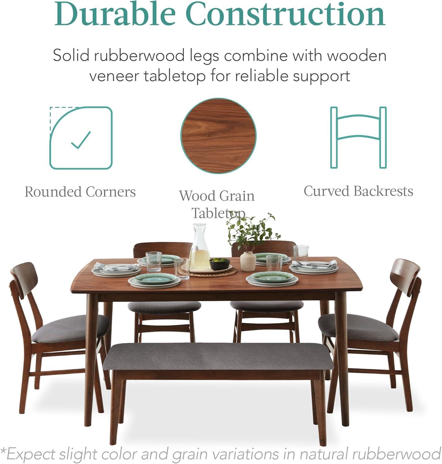 George Oliver 6-Piece Mid-Century Modern Upholstered Wooden Dining Set W/ 4 Chairs, Bench - Walnut/Gray