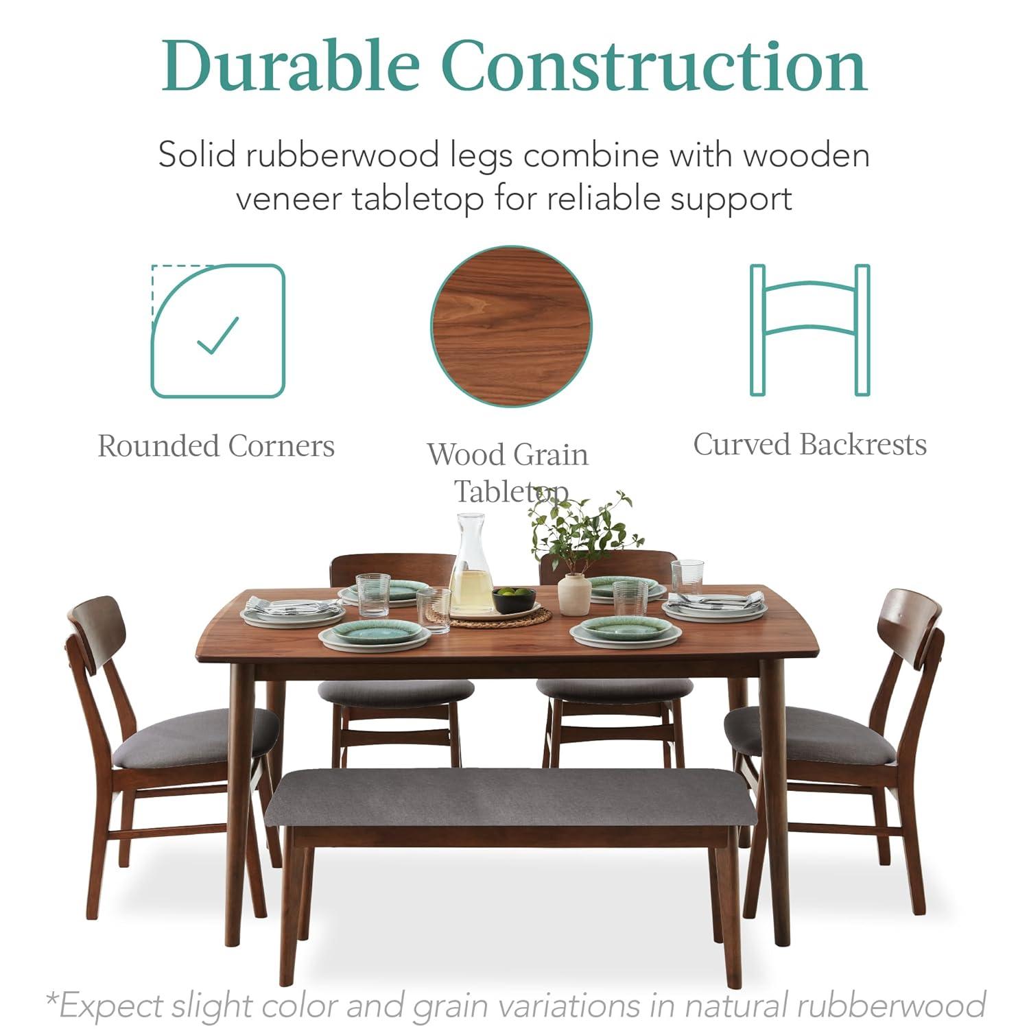 George Oliver 6-Piece Mid-Century Modern Upholstered Wooden Dining Set W/ 4 Chairs, Bench - Walnut/Gray