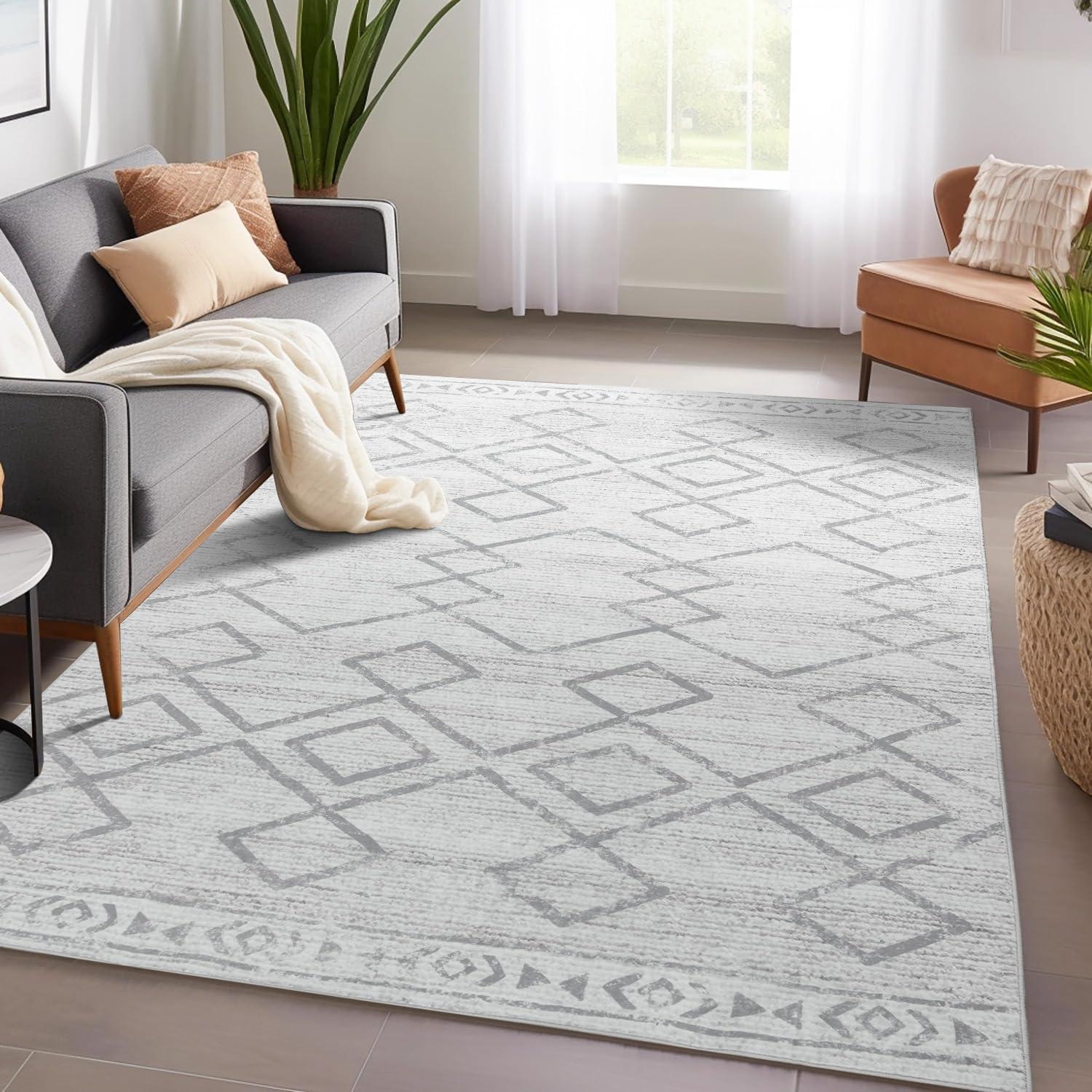 5'x7' Area Rugs for Living Room Machine Washable Rug Boho Geometric Indoor Area Rug Neutral Moroccan Style Ultra Soft Foldable Non-Slip Bedroom Rug Dining Room Office Modern Carpet Grey