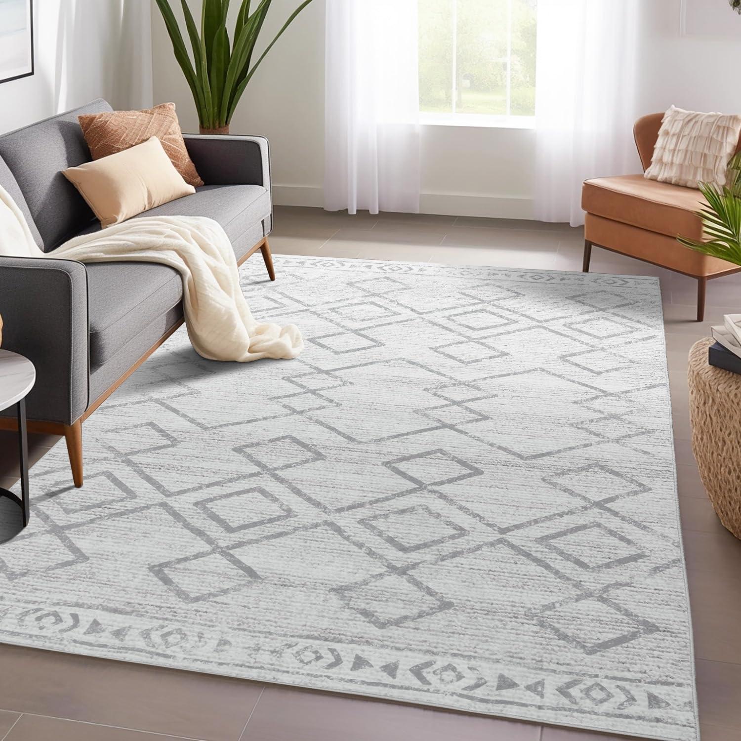 5'x7' Area Rugs for Living Room Machine Washable Rug Boho Geometric Indoor Area Rug Neutral Moroccan Style Ultra Soft Foldable Non-Slip Bedroom Rug Dining Room Office Modern Carpet Grey
