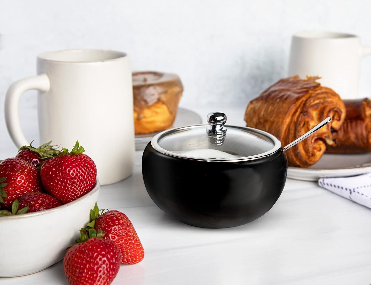 Kook Large Stainless Steel Sugar Bowl and Spoon, Glass Lid, 16 oz, Black