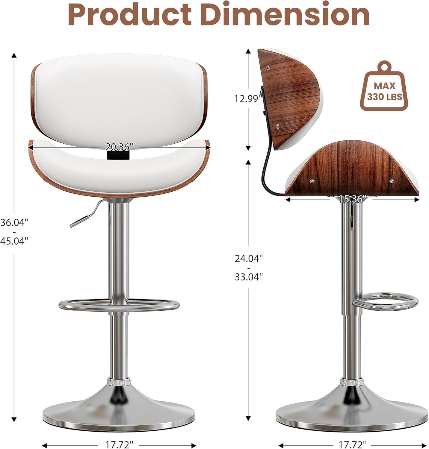 Fijinhom Bar Stools Set of 2, Adjustable Swivel Barstools with Bentwood Back & Leather Seat for Kitchen, Bar, Dining Room