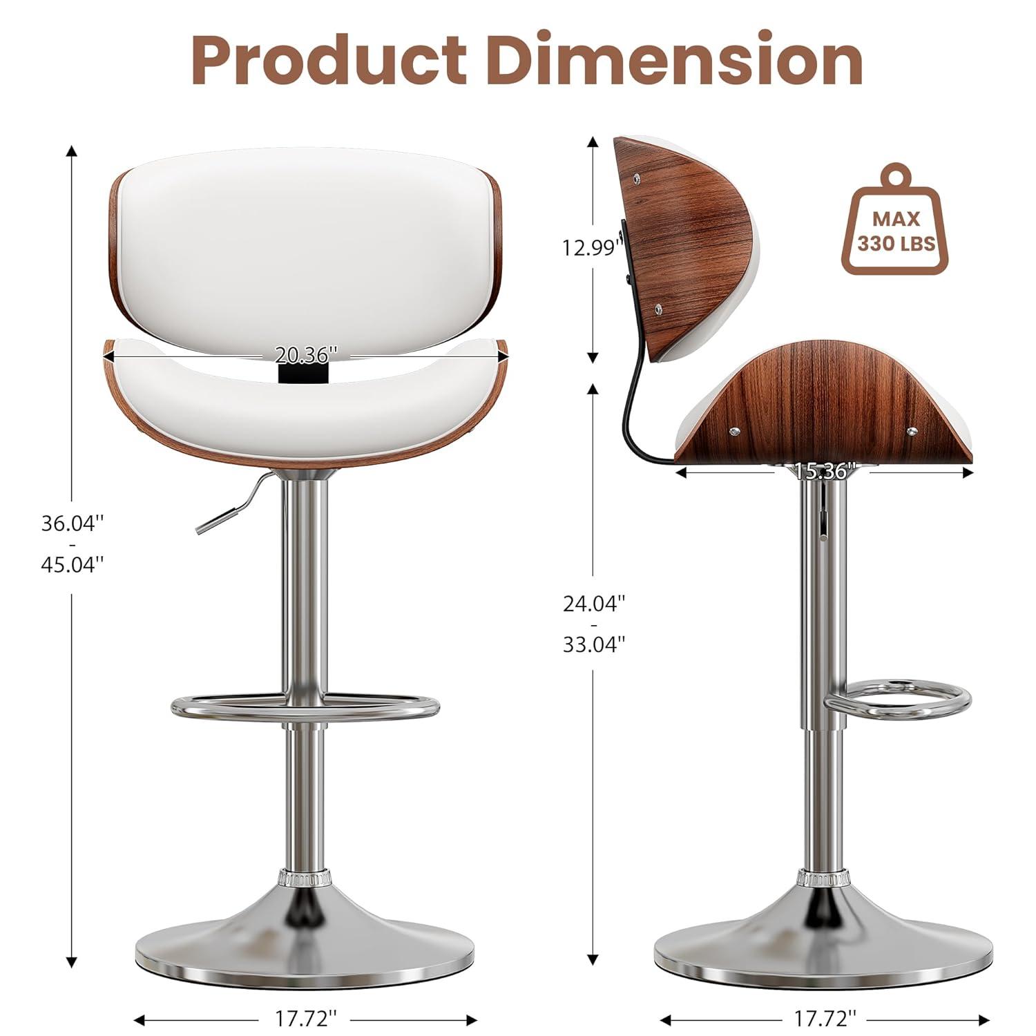 Fijinhom Bar Stools Set of 2, Adjustable Swivel Barstools with Bentwood Back & Leather Seat for Kitchen, Bar, Dining Room