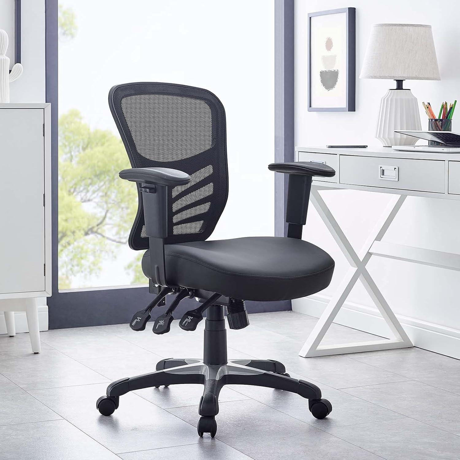 Articulate Mesh Office Chair Black Vegan Leather - Modway: Ergonomic, Adjustable Arms, Swivel, 330lb Capacity