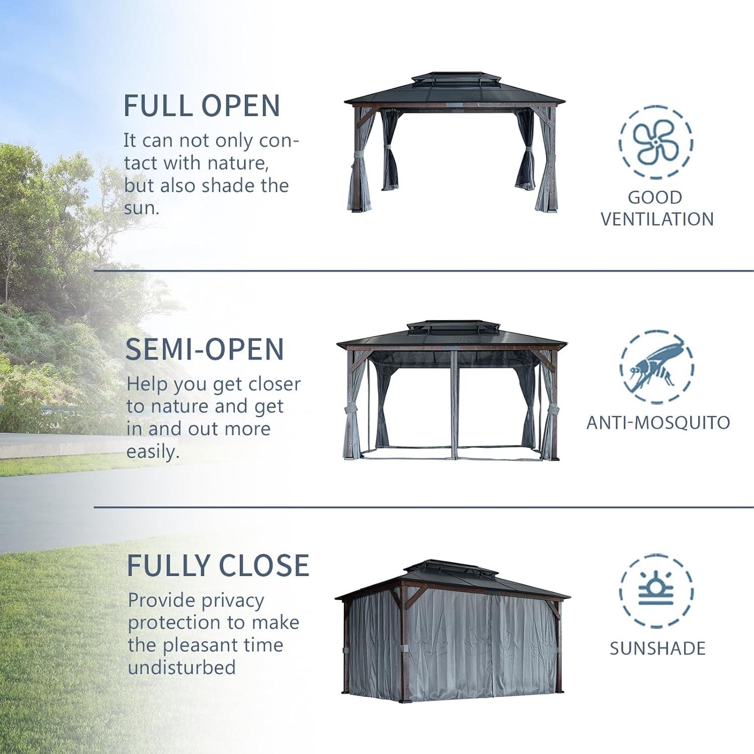 Large Brown and Black Solid Wood Gazebo with Polycarbonate Roof