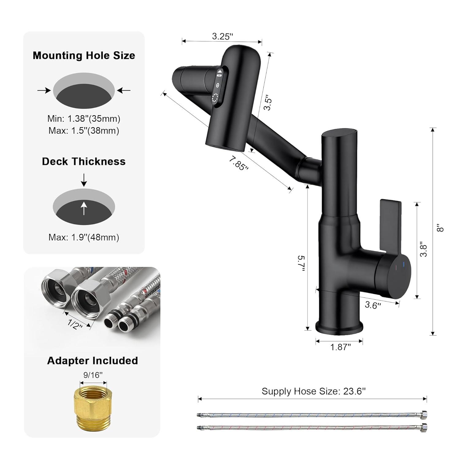 Lefton BF2204-3 Lefton Rotatable Single Hole Bathroom Faucet with Temperature Display BF2204