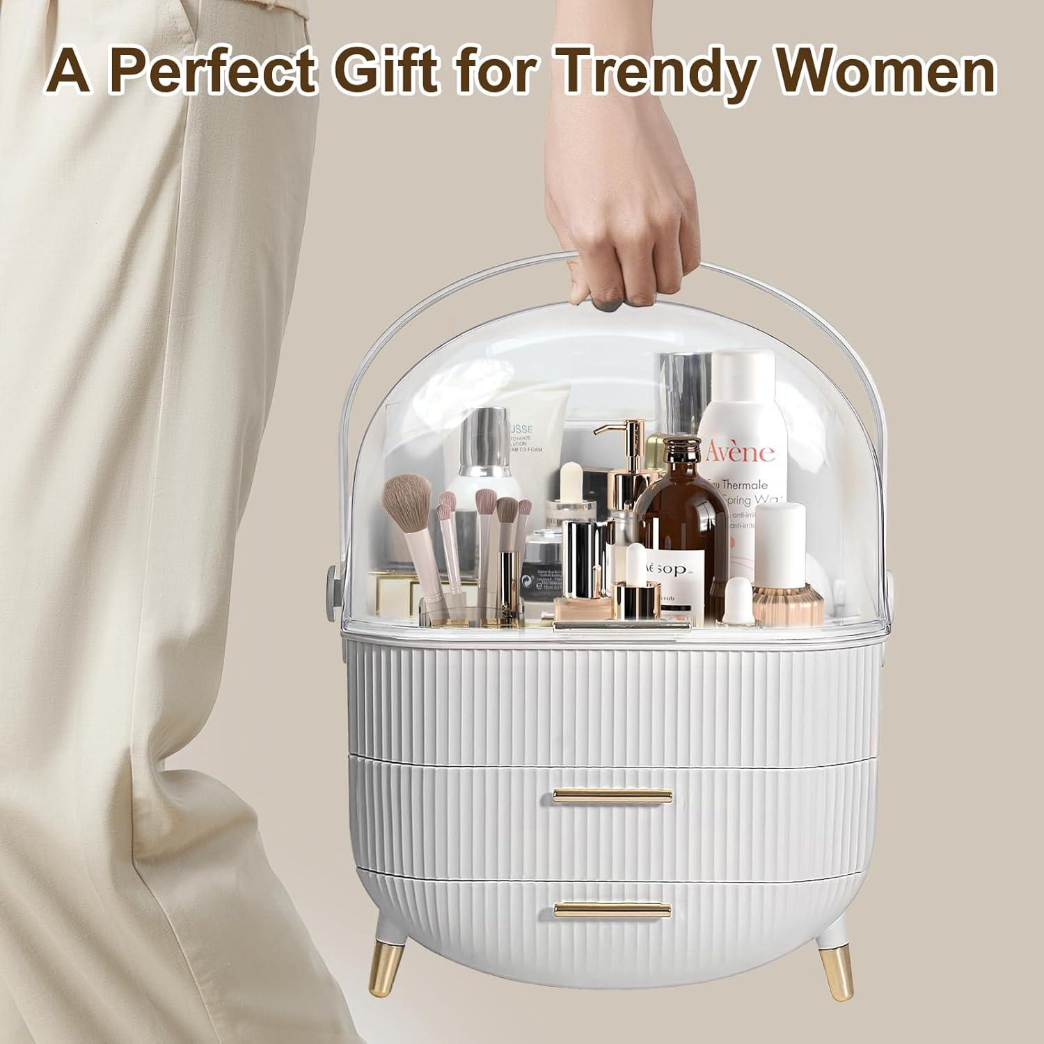 White ABS Makeup Organizer with Lid and Drawers