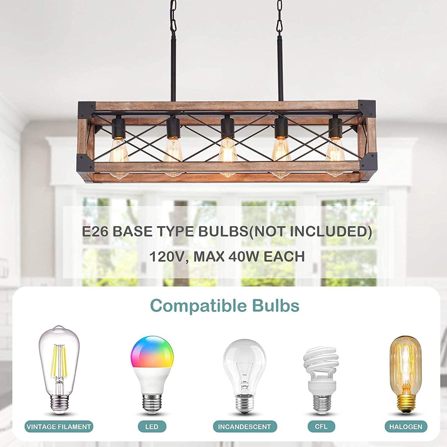 Bribyit Kitchen Island Lighting, 33.5-Inch 5 Lights Farmhouse Linear Chandelier for Dining Room Pool Table Pendant Light Fixture, Rustic Wood Grain Finish, Industrial Pendant Light