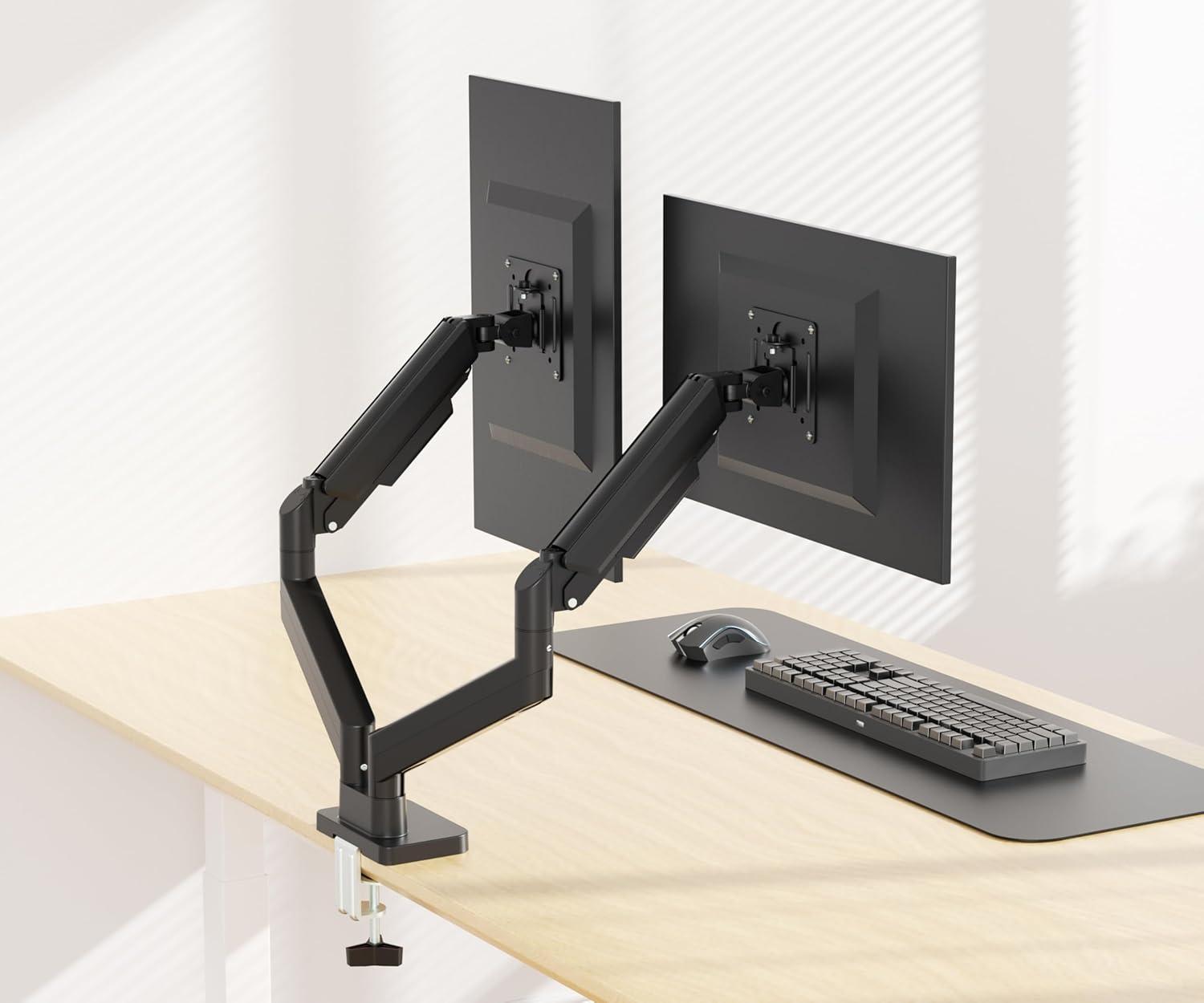 DS-32DMA: Dual Monitor Arm - Full Adjustable Monitor Desk Mount Swivel Vesa Bracket with C Clamp, Grommet Mounting Base up to 32 Inch Computer Screens, Made From Aluminum