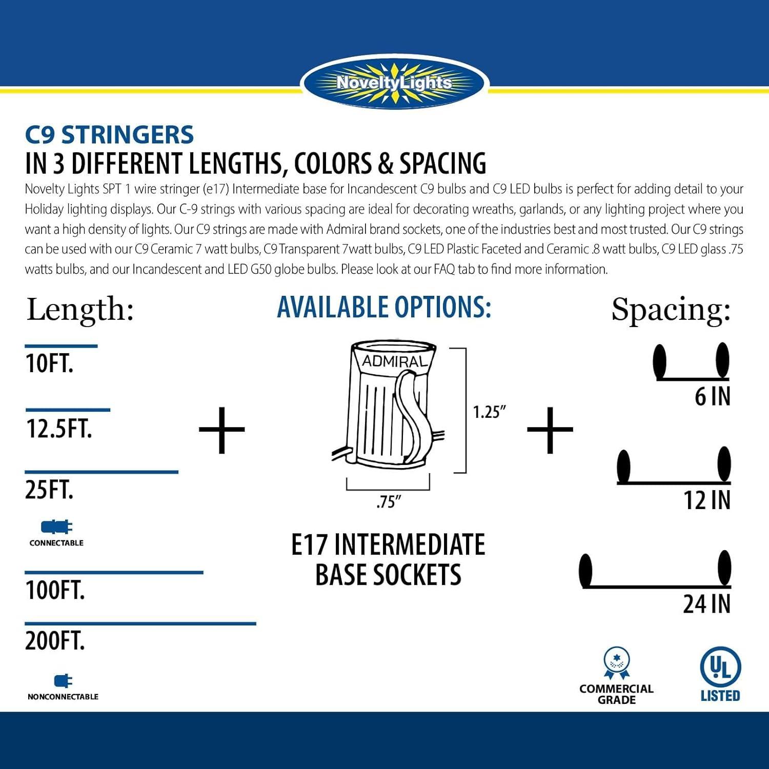 Novelty Lights 25 Feet C9/E17 Intermediate Base Christmas Stringer, Vintage Holiday Hanging Light String, 12" Spacing, SPT-1 20 Gauge Brown Wire