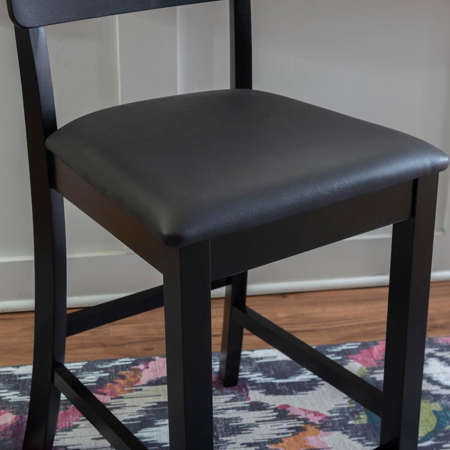 Elegant 24" Black and Cherry Wood Counter Stool with Dark Brown Faux Leather Seat