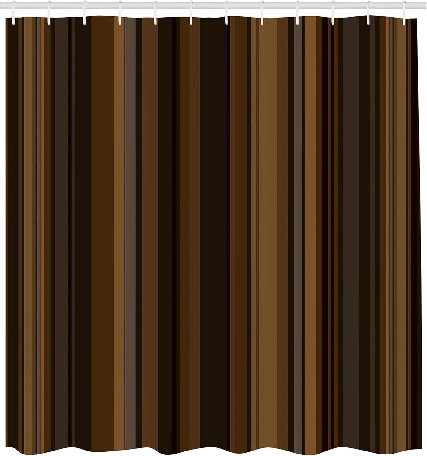 Abstract Shower Curtain, Retro Vertical Striped Background in Different Shades of Earthen Tones Image, Fabric Bathroom Set with Hooks, 69W X 70L Inches, Tan and Brown, by Ambesonne