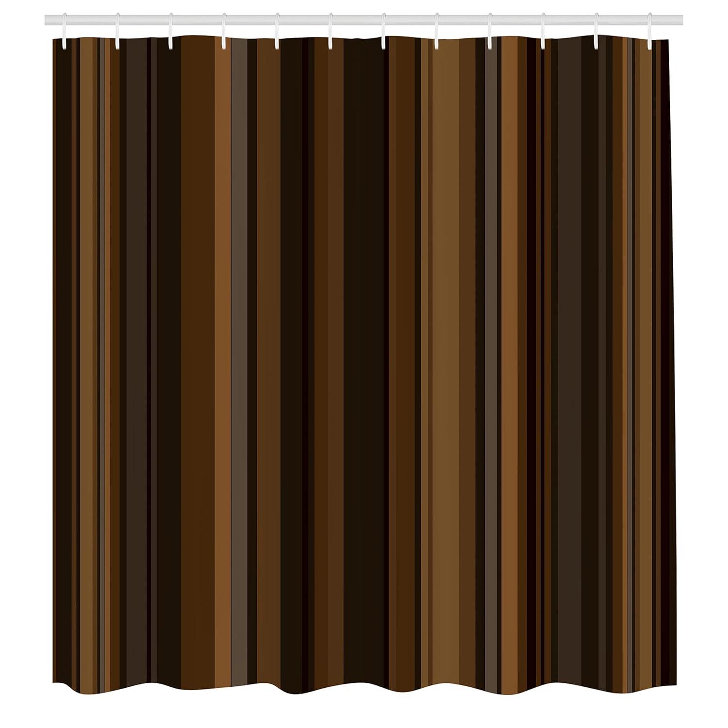 Abstract Shower Curtain, Retro Vertical Striped Background in Different Shades of Earthen Tones Image, Fabric Bathroom Set with Hooks, 69W X 70L Inches, Tan and Brown, by Ambesonne