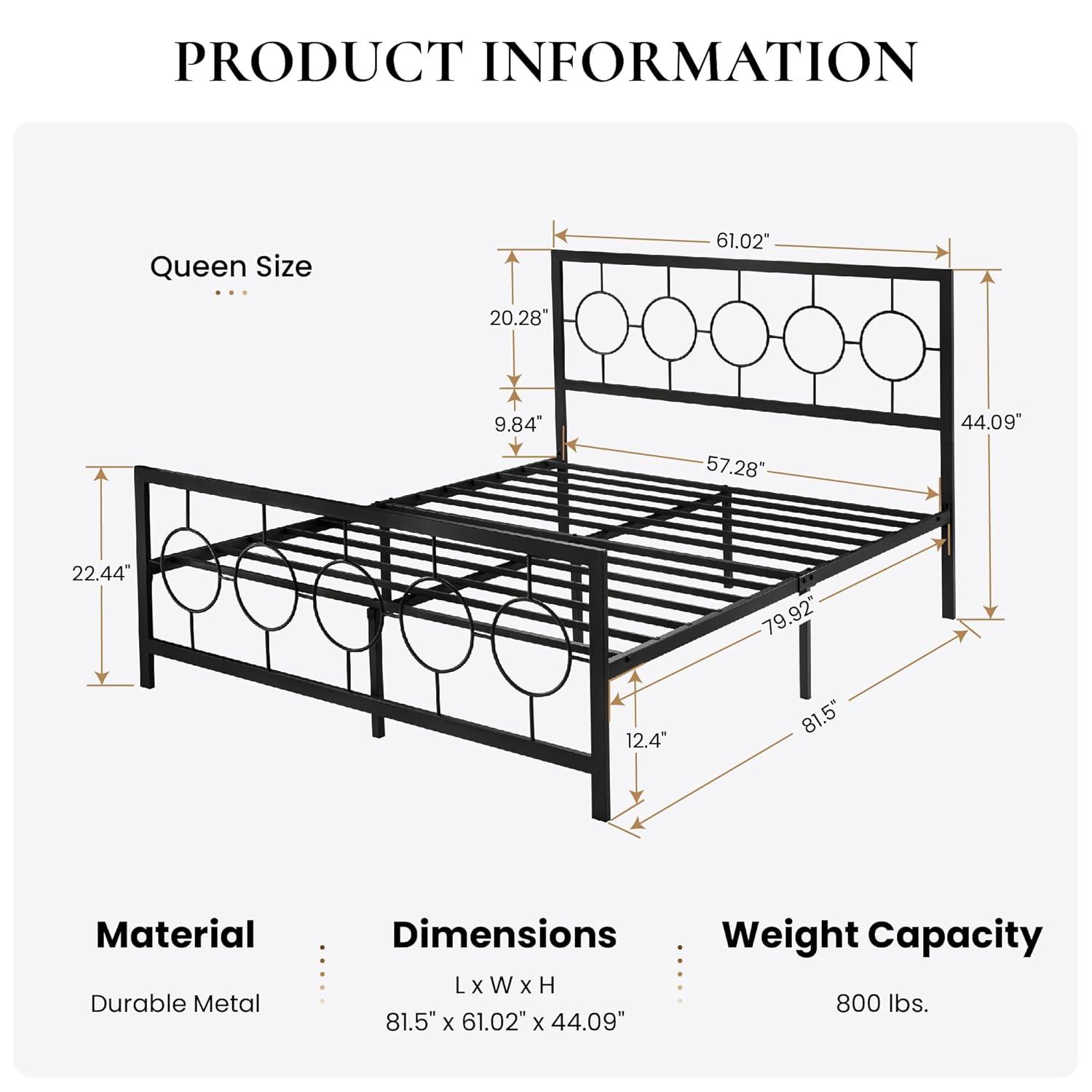 SHA CERLIN Queen Size Metal Bed Frame with Vintage Circular Design Headboard and Footboard,No Box Spring Required,Easy Assembly,Noise-Free,Black