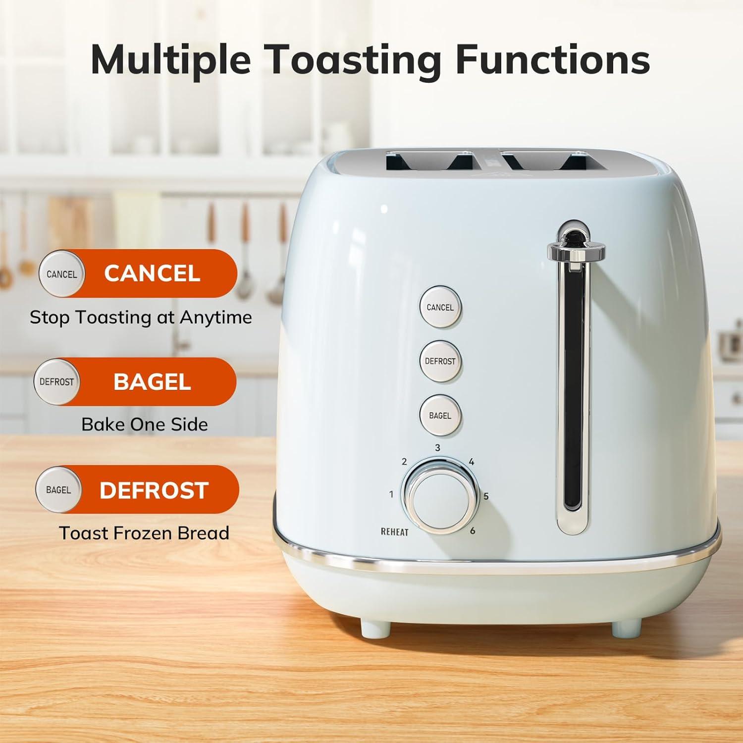 2 Slice Toaster Retro Stainless Steel Toaster with Bagel, Cancel, Defrost Function and 6 Bread Shade Settings Bread Toaster, Extra Wide Slot and Removable Crumb Tray, Blue