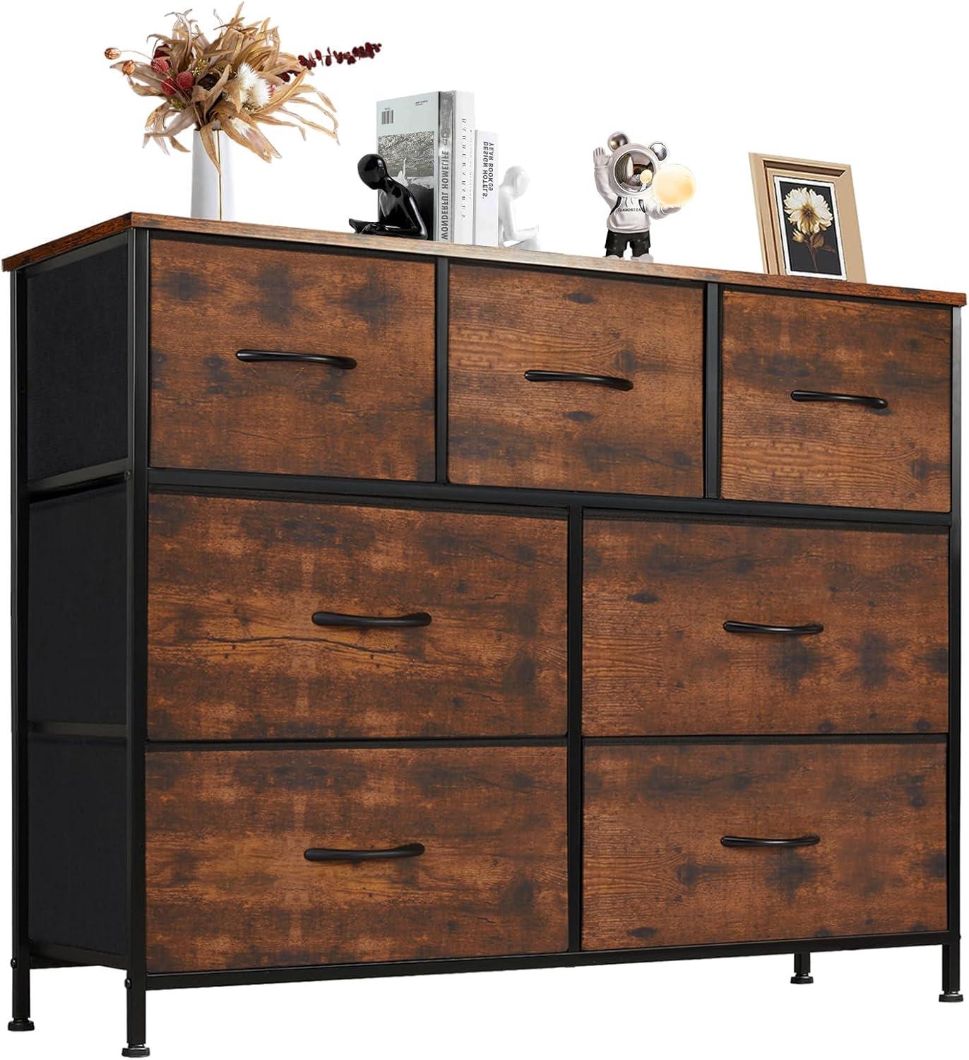 7 Drawer Dresser, Wide Chest Of Drawers Nightstand Storage Tower Storage Dresser Fabric Dresser With Wood Top for Living Room, Bedroom, Hallway, , Rust