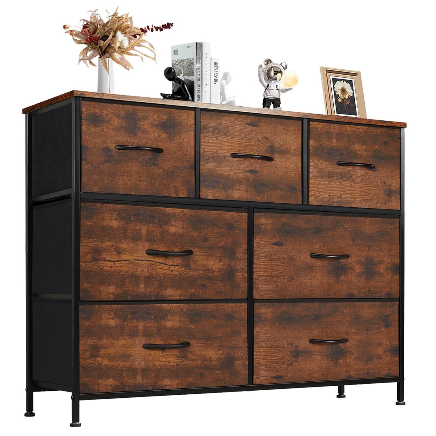 7 Drawer Dresser, Wide Chest Of Drawers Nightstand Storage Tower Storage Dresser Fabric Dresser With Wood Top for Living Room, Bedroom, Hallway, , Rust