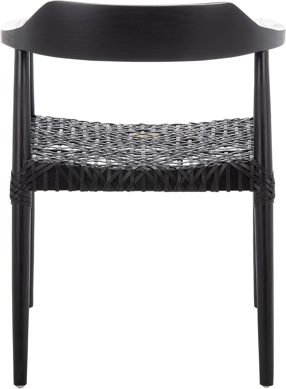 SAFAVIEH Munro Leather Woven Accent Chairs, Black (Sungkai Wood Frame)/Black (Leather Seat) (22 in. W x 20.5 in. D x 28.5 in. H)