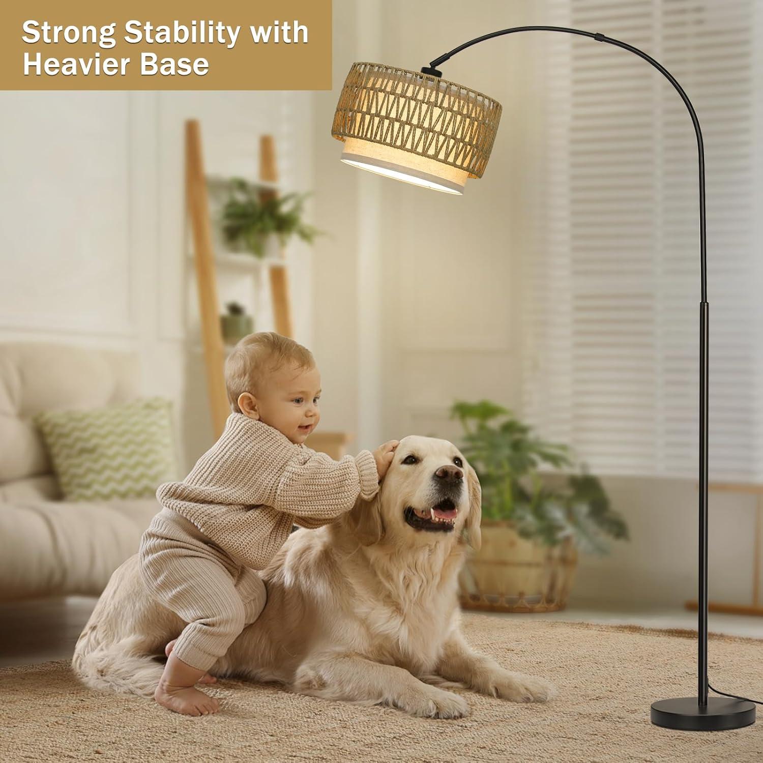 Rattan Floor Lamp, Dimmable Arc Floor Lamps for Living Room, Boho Farmhouse Standing Lamp with Adjustable Head, Tall Pole Lamp Reading Light for Bedroom, Over Couch, Office, 9W LED Bulb Included