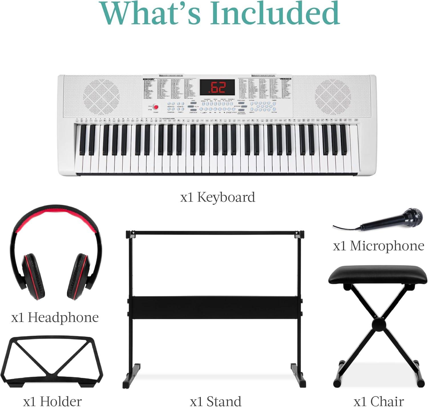 Best Choice Products 61-Key Beginners Electronic Keyboard Piano Set w/ LED, 3 Teaching Modes, H-Stand, Stool - White