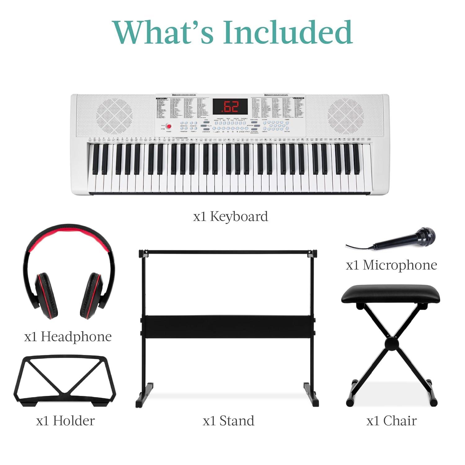 Best Choice Products 61-Key Beginners Electronic Keyboard Piano Set w/ LED, 3 Teaching Modes, H-Stand, Stool - White