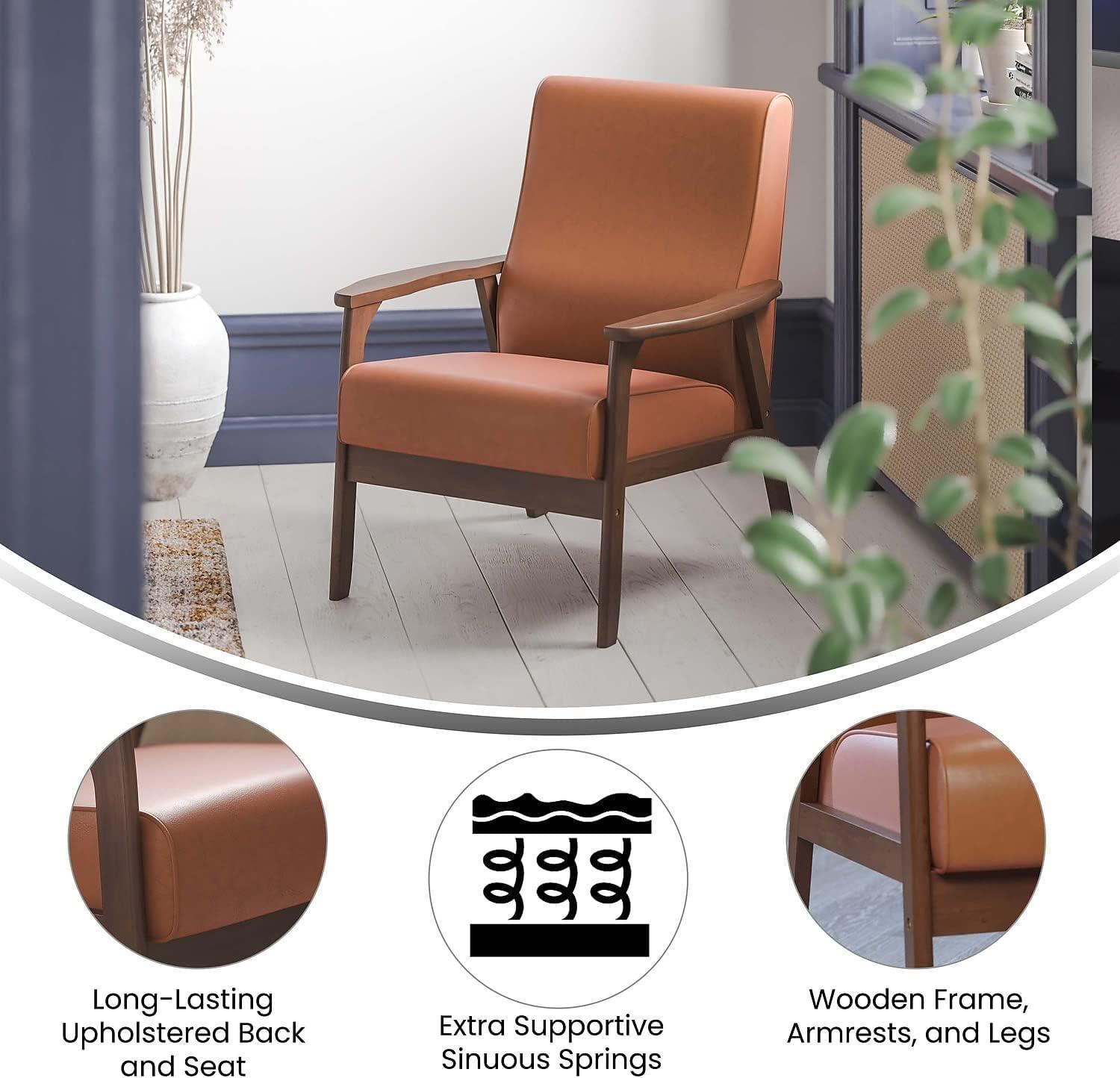 Flash Furniture Langston Commercial Grade LeatherSoft Upholstered Mid Century Modern Arm Chair with Walnut Finished Wooden Frame and Arms in Cognac