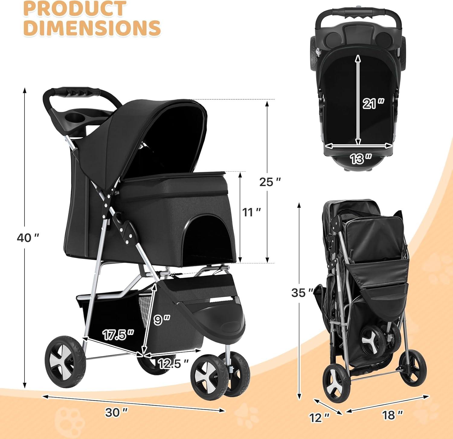 Magshion Foldable Pet Dog and Cat Stroller with Adjustable Canopy Storage Basket and Cup Holder for Small and Medium Pets