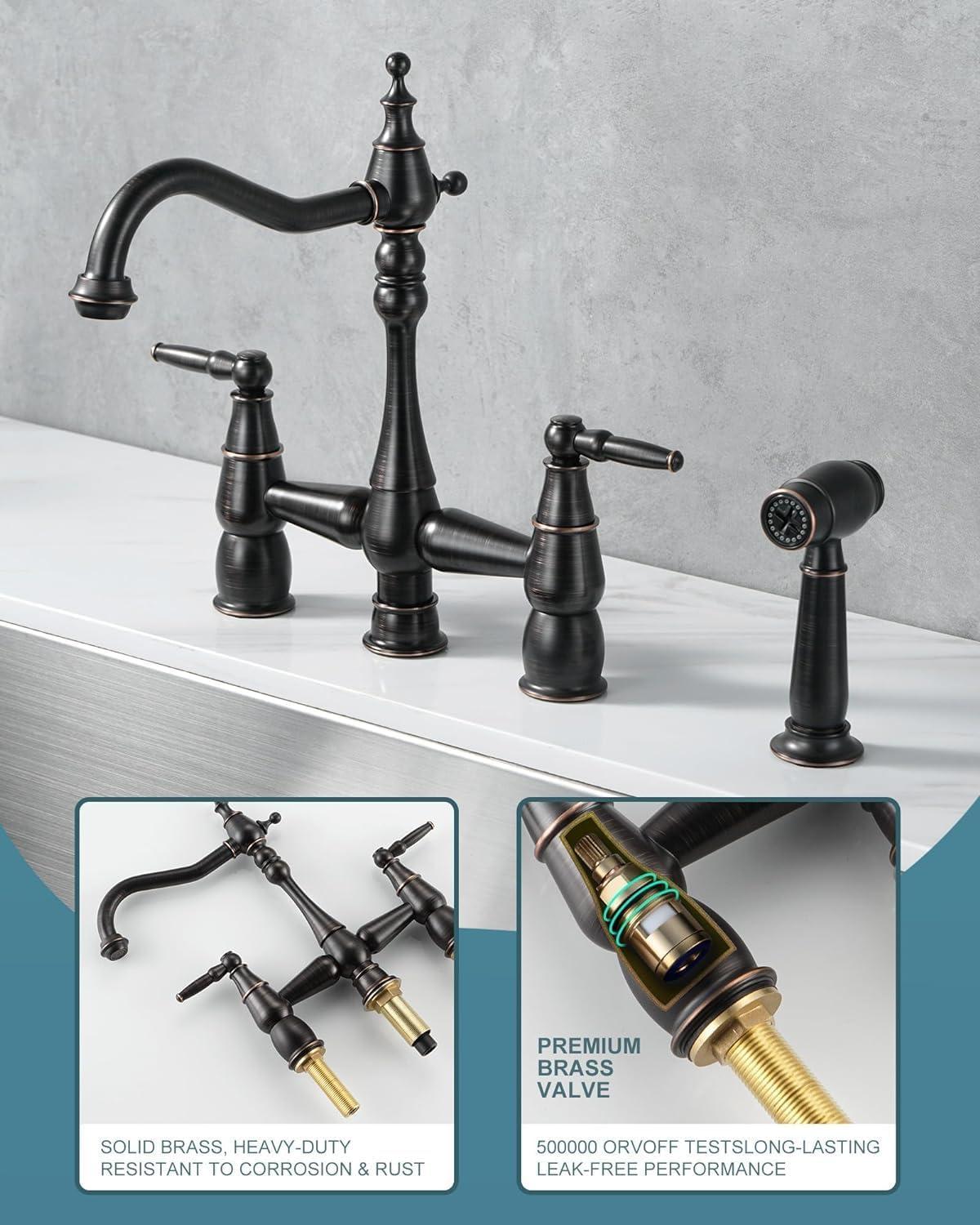 Oil Rubbed Bronze Bridge Kitchen Faucet with Side Sprayer