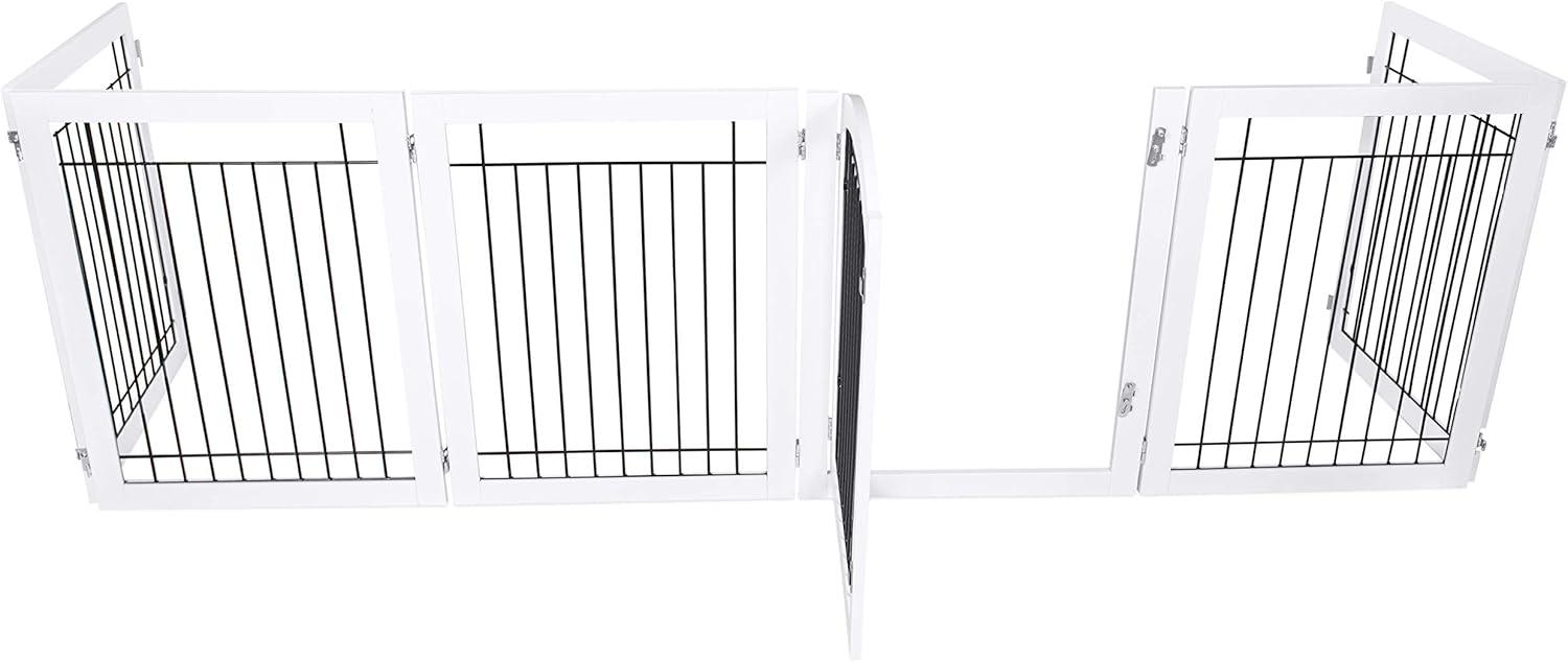 Expandable White Wood and Black Wire Freestanding Pet Gate