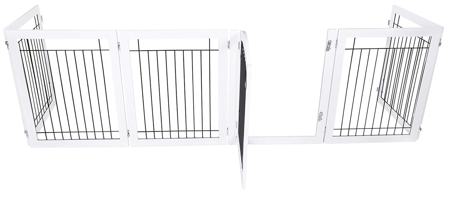 Expandable White Wood and Black Wire Freestanding Pet Gate