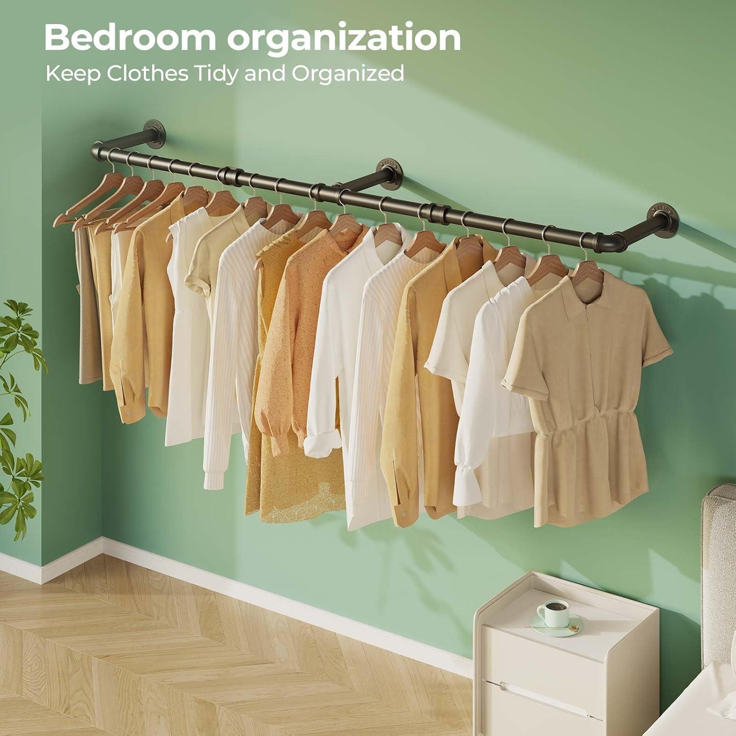 Greenstell Wall Mounted Clothes Rack, 36.2in Industrial Pipe Clothing Rack for Hanging Clothes, Space-Saving Closet Rod, Multi-Purpose Hanging Rod for Bedroom, Laundry Room, 2 Base (1 Pack)