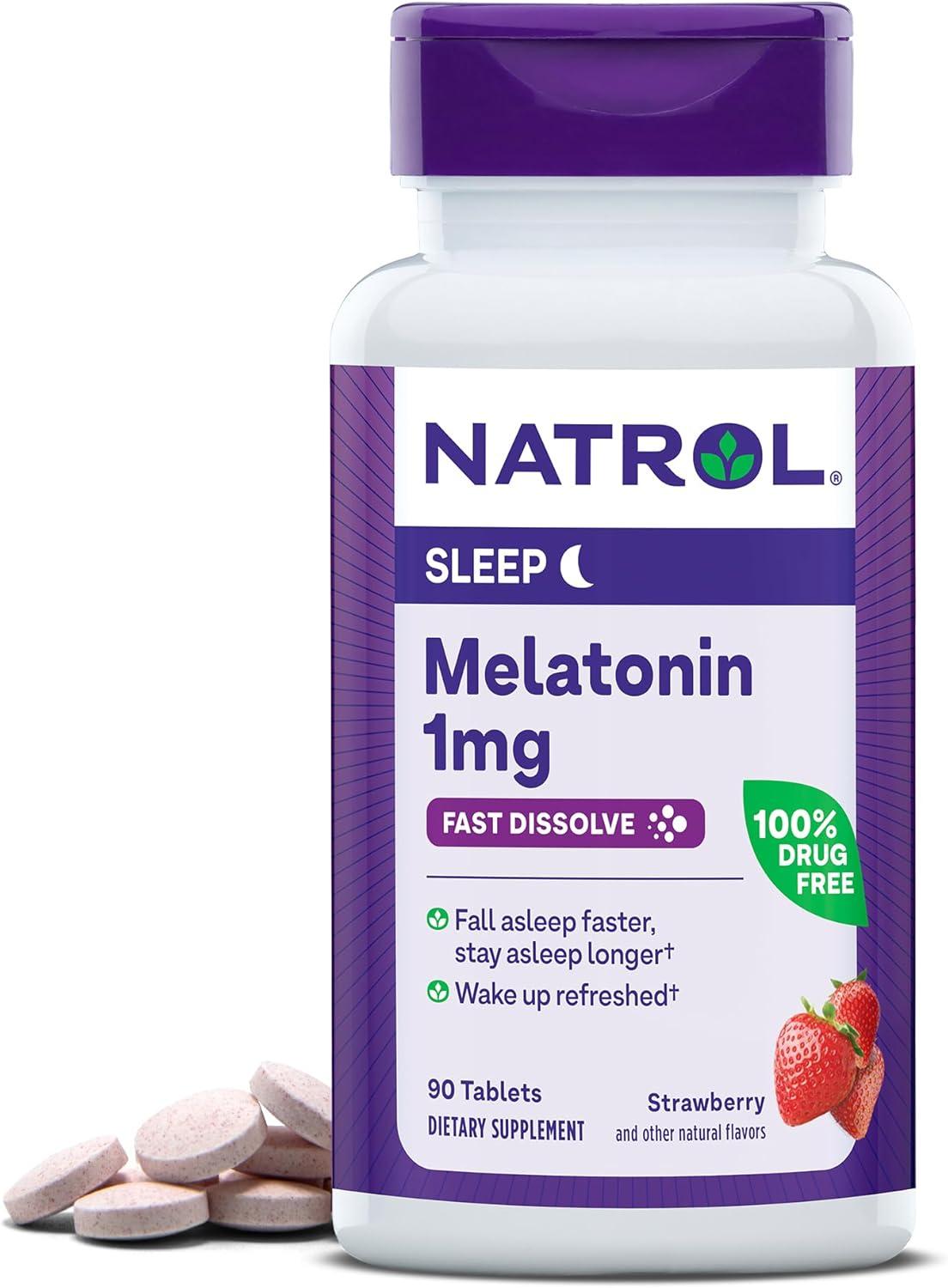 Natrol Fast Dissolve Melatonin 1 mg, Melatonin Supplements for Restful Sleep, Sleep Support for Adults, 90 Strawberry-Flavored Tablets, Up to a 90 Day Supply