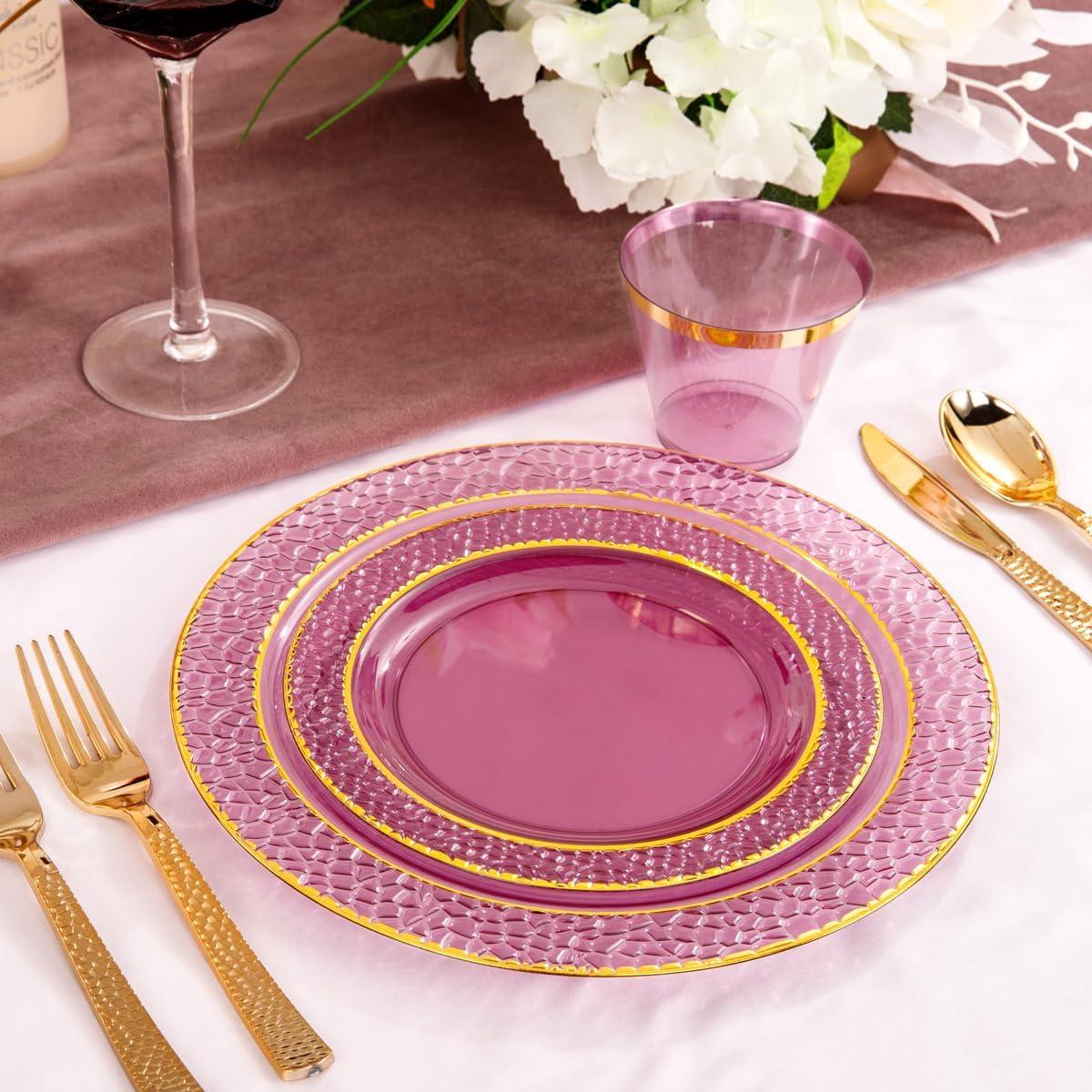 Elegant Purple and Gold Disposable Plastic Dinnerware Set