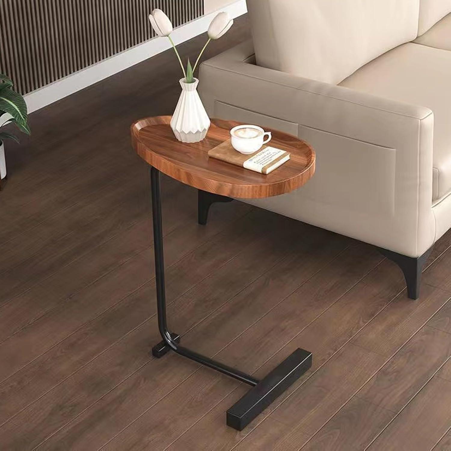 Brown Oval Top C-Shaped Side Table Set with Black Metal Frame