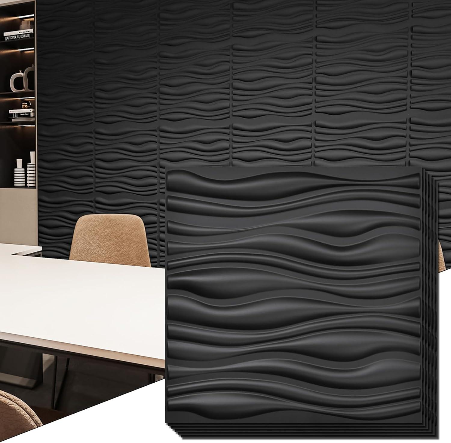 Black Textured PVC 3D Wave Wall Panels, 19.7" x 19.7" (12 Pack)