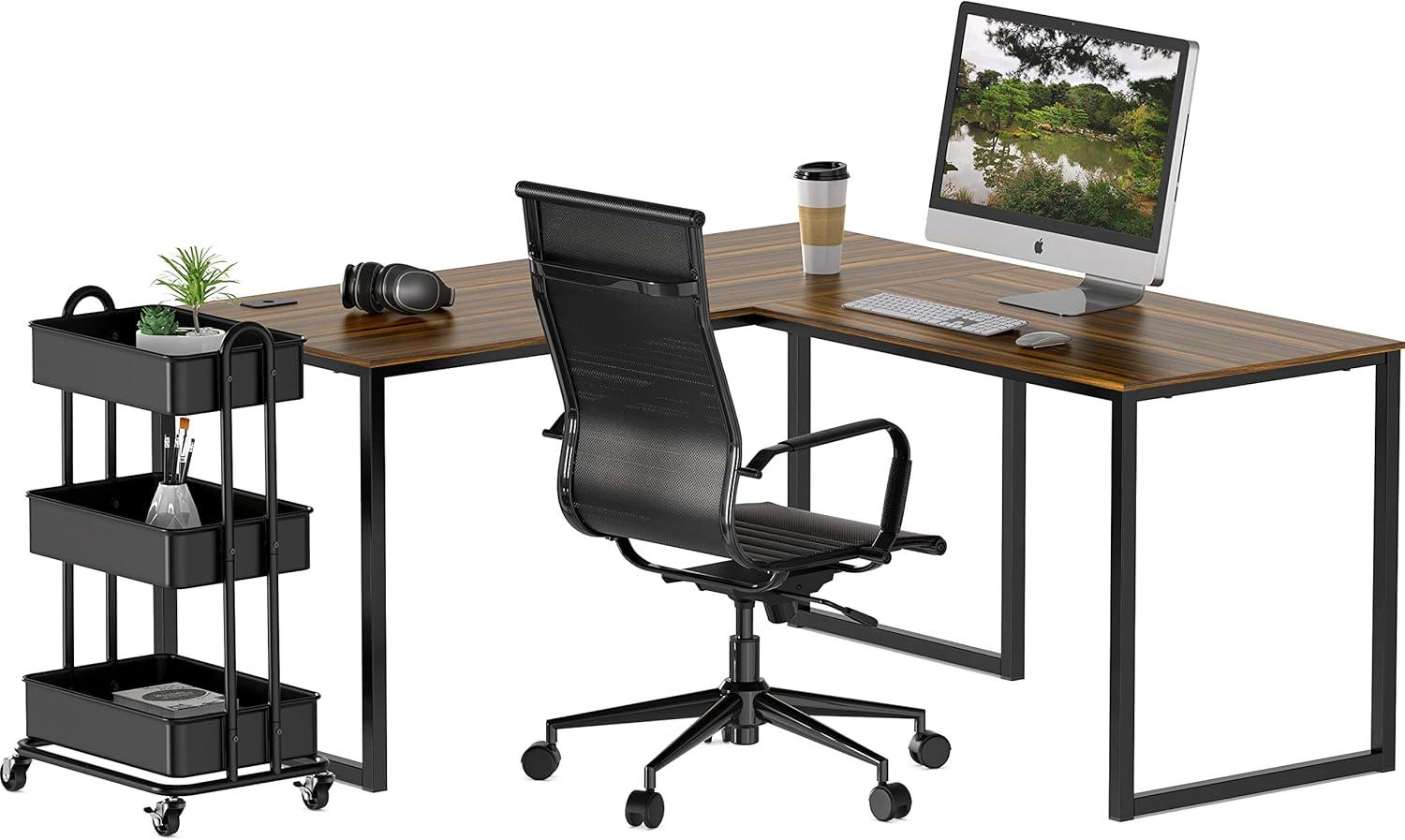 SHW Mission L Shape Corner Desk, Walnut