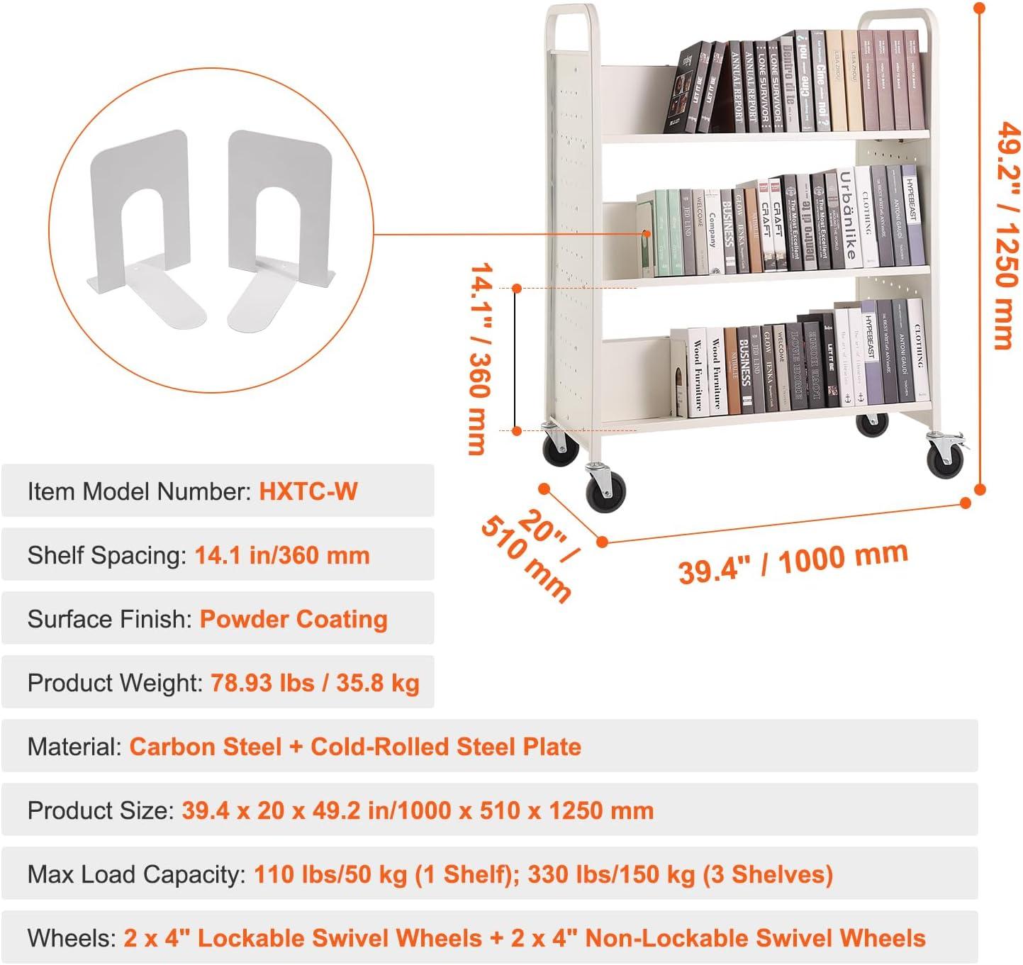 White Double-Sided Rolling Book Cart with Lockable Wheels