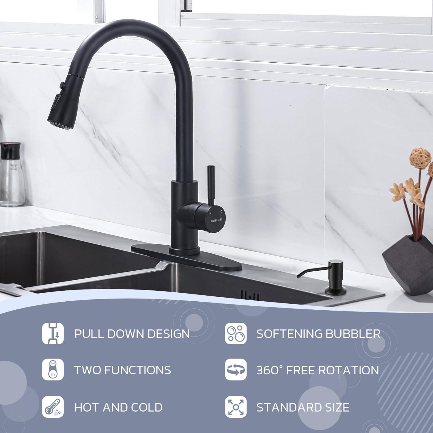 Black Kitchen Faucets With Soap Dispenser, Kitchen Faucet With Pull Down Sprayer