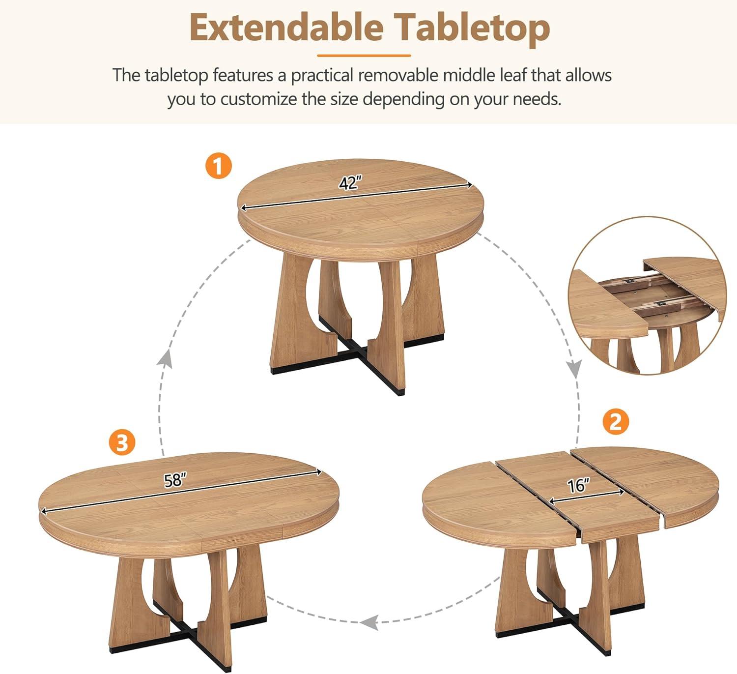 Natural Wood Extendable Round Dining Table Set with 4 Upholstered Chairs