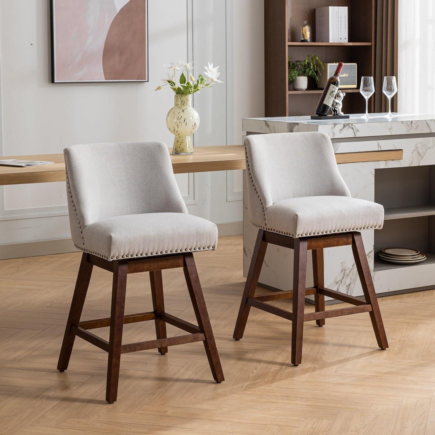 26" Swivel Bar Stools Set of 2, Modern Linen Fabric Counter Stools with Backs and Nail Head Design, Upholstered Barstools with Wood Frame for Kitchen Island, Beige