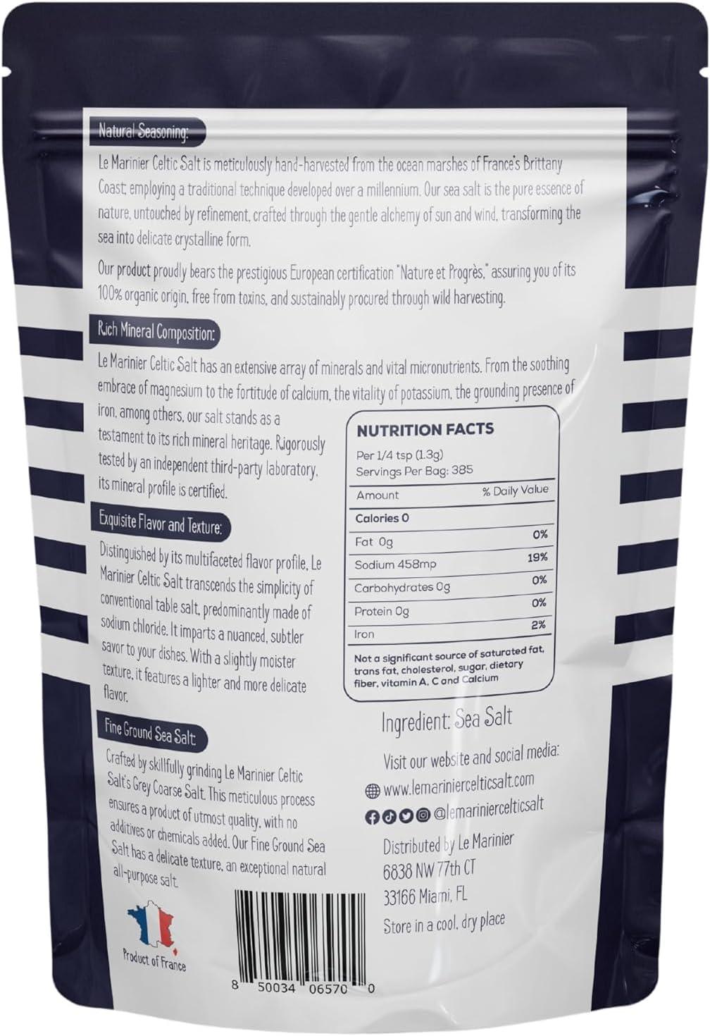 Le Marinier Celtic Salt Fine Ground, 1.1lb - 18oz. Unrefined French Sea Salt 100% Natural, Hand Harvested Mineral Celtic Salt (1.1lb Fine Ground)