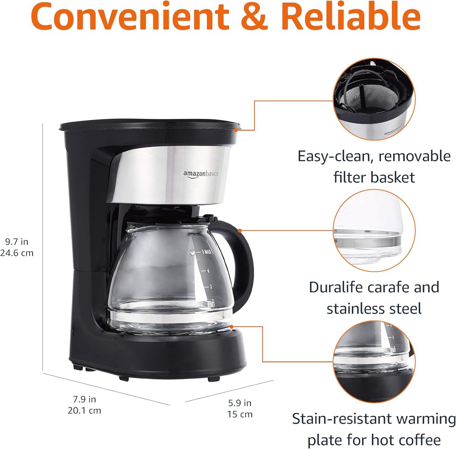 Coffee Makers, 5-Cup Coffee Machines with Reusable Filter, Coffee Pots, Black & Stainless Steel