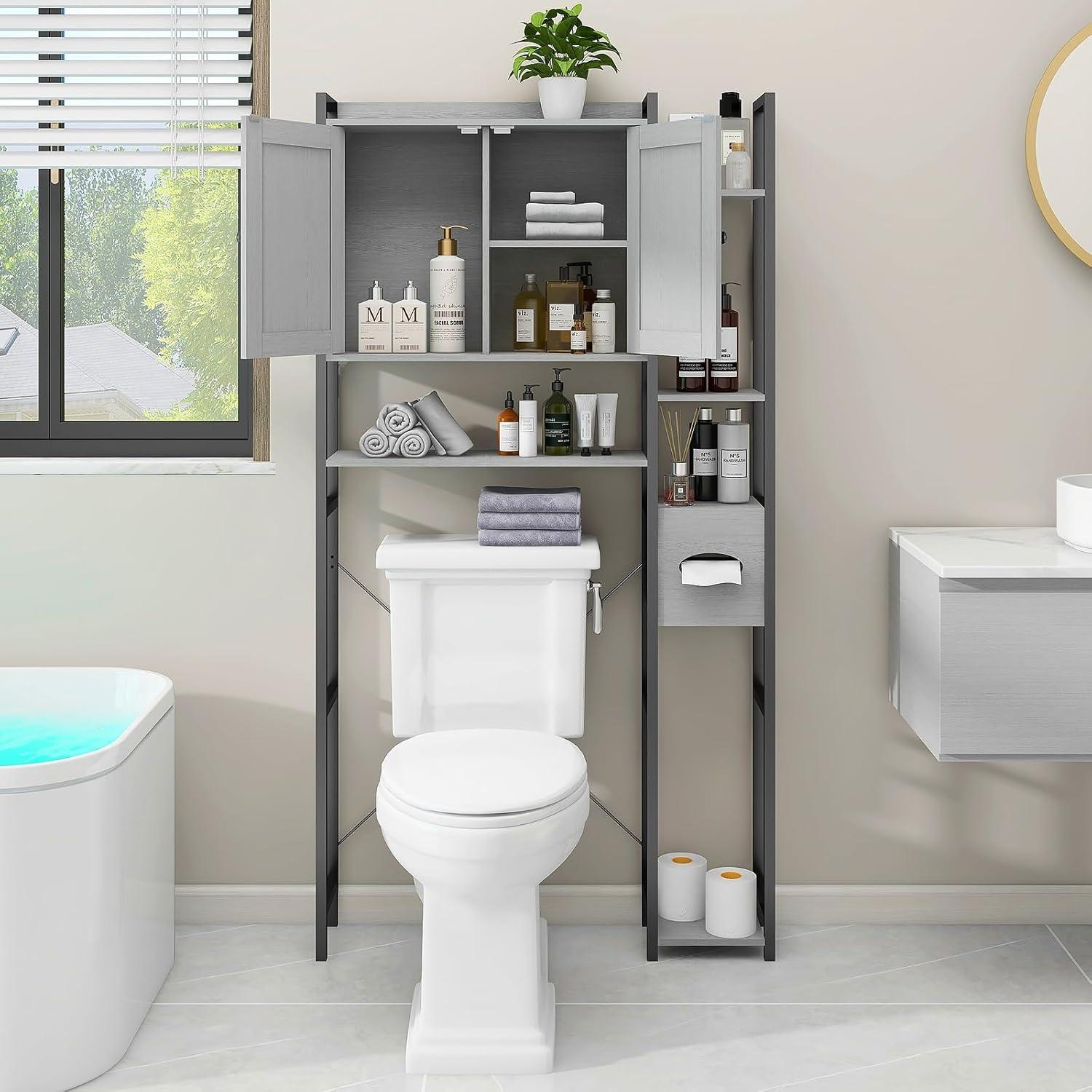 Grey Cabinet, Over The Toilet Storage Cabinet with 2 Doors, Multi Layer Shelves, Bathroom Laundry Room Small Spaces