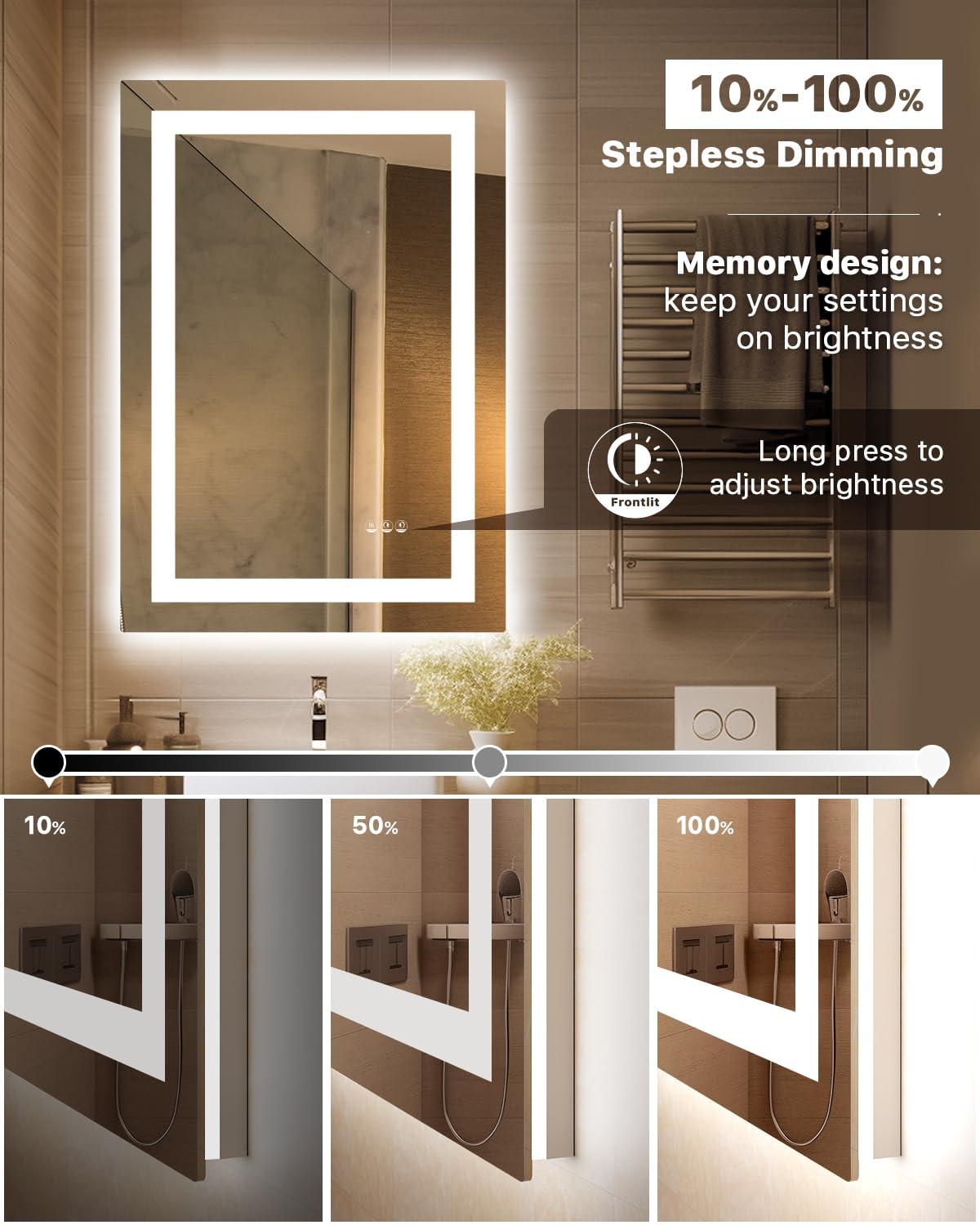 Amorho LED Mirror for Bathroom, 24"X32" with Front and Backlight, Stepless Dimmable Wall Mirrors with Anti-Fog, Shatter-Proof, Memory, 3 Colors, Double LED Vanity Mirror(Horizontal/Vertical)
