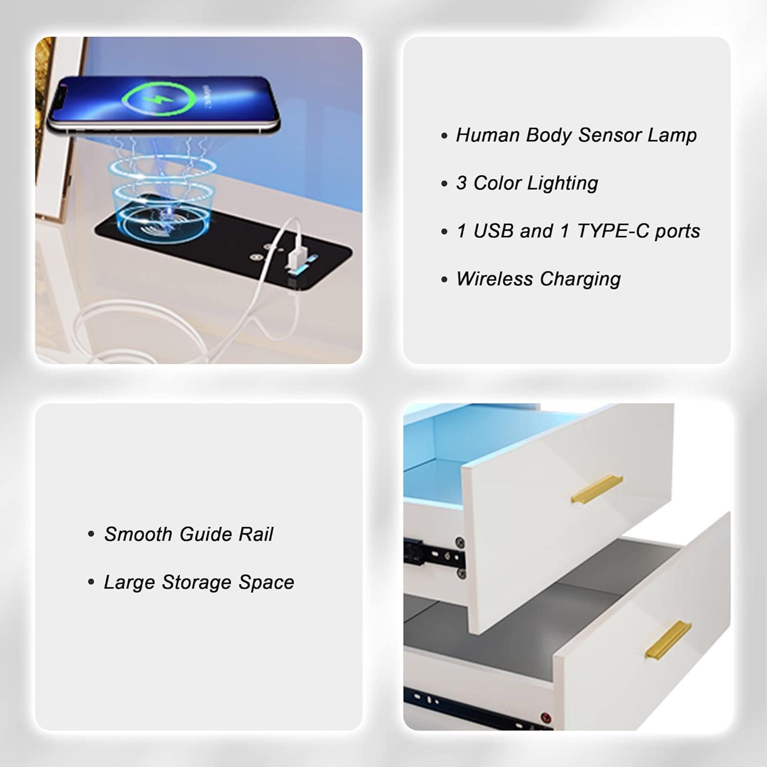 HNEBC Smart LED Nightstand with Wireless Charging & USB Ports, High Glossy Night Stand with 3 Drawers and 1 Pull-Out Tray, Modern Bedside Table with Human Sensor for Bedroom (White)