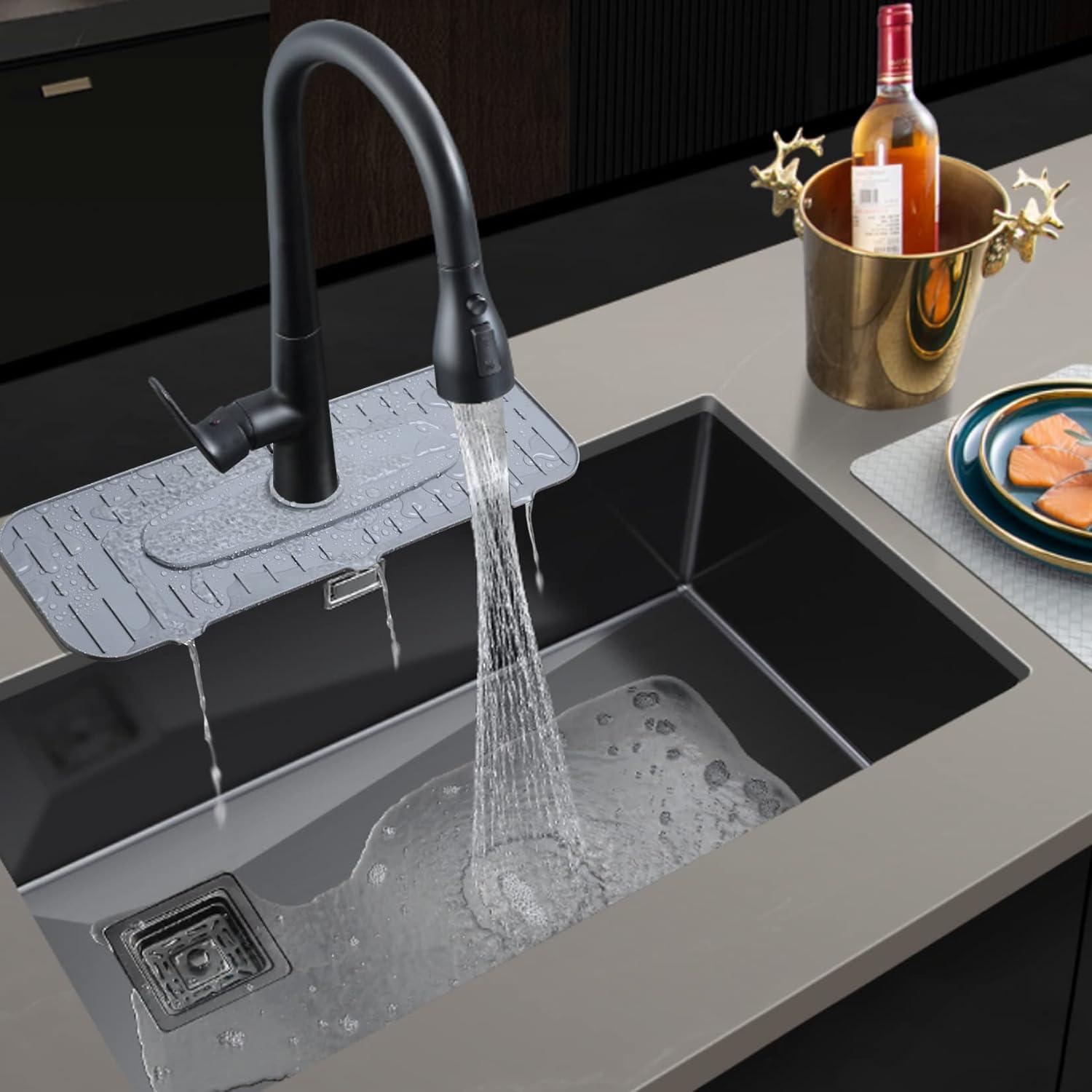 Kingmall Silicone Faucet Mat, Kitchen Faucet Mat for Drip Catcher, 100% Food Grade Silicone, Black, Deck Mount, Single Hole, Reusable, for Faucets with 1cm(0.4 Inch) Deck Plate