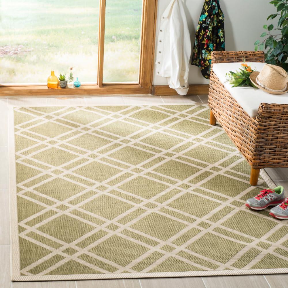 SAFAVIEH Courtyard Jasper Geometric Bordered Indoor/Outdoor Area Rug, 4' x 5'7", Green/Beige