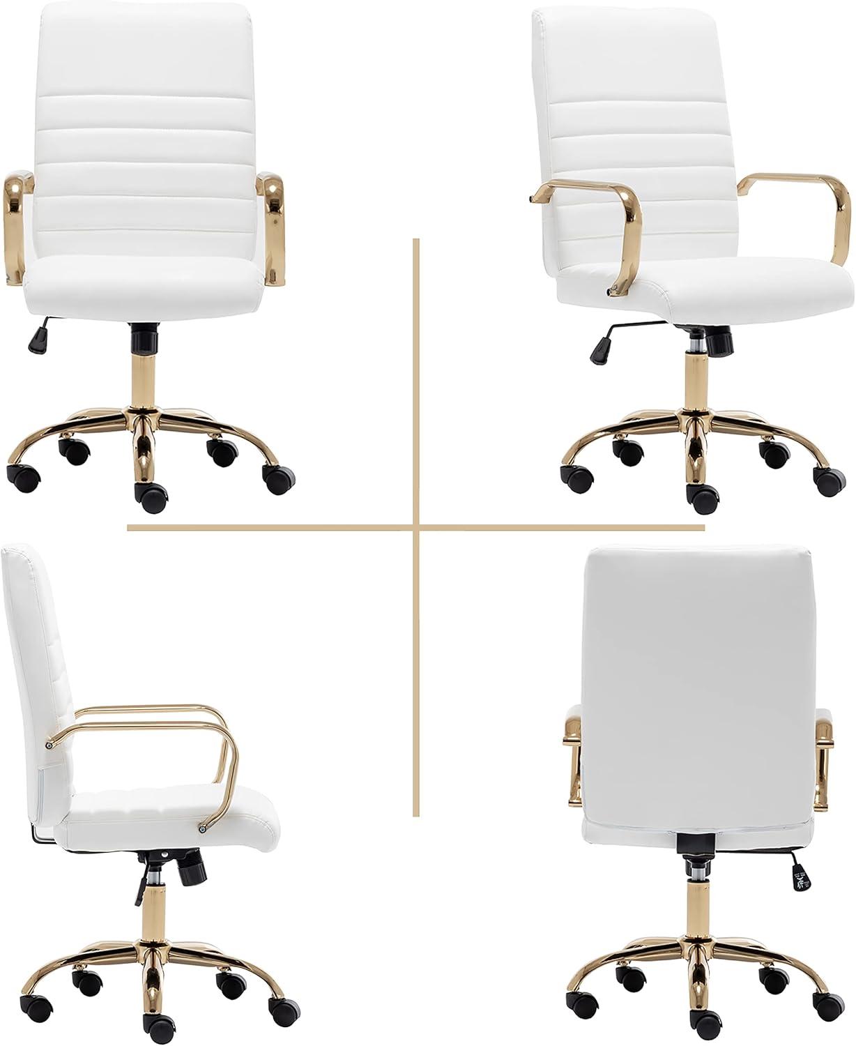 White Faux Leather Ergonomic Swivel Office Chair with Gold Metal Frame