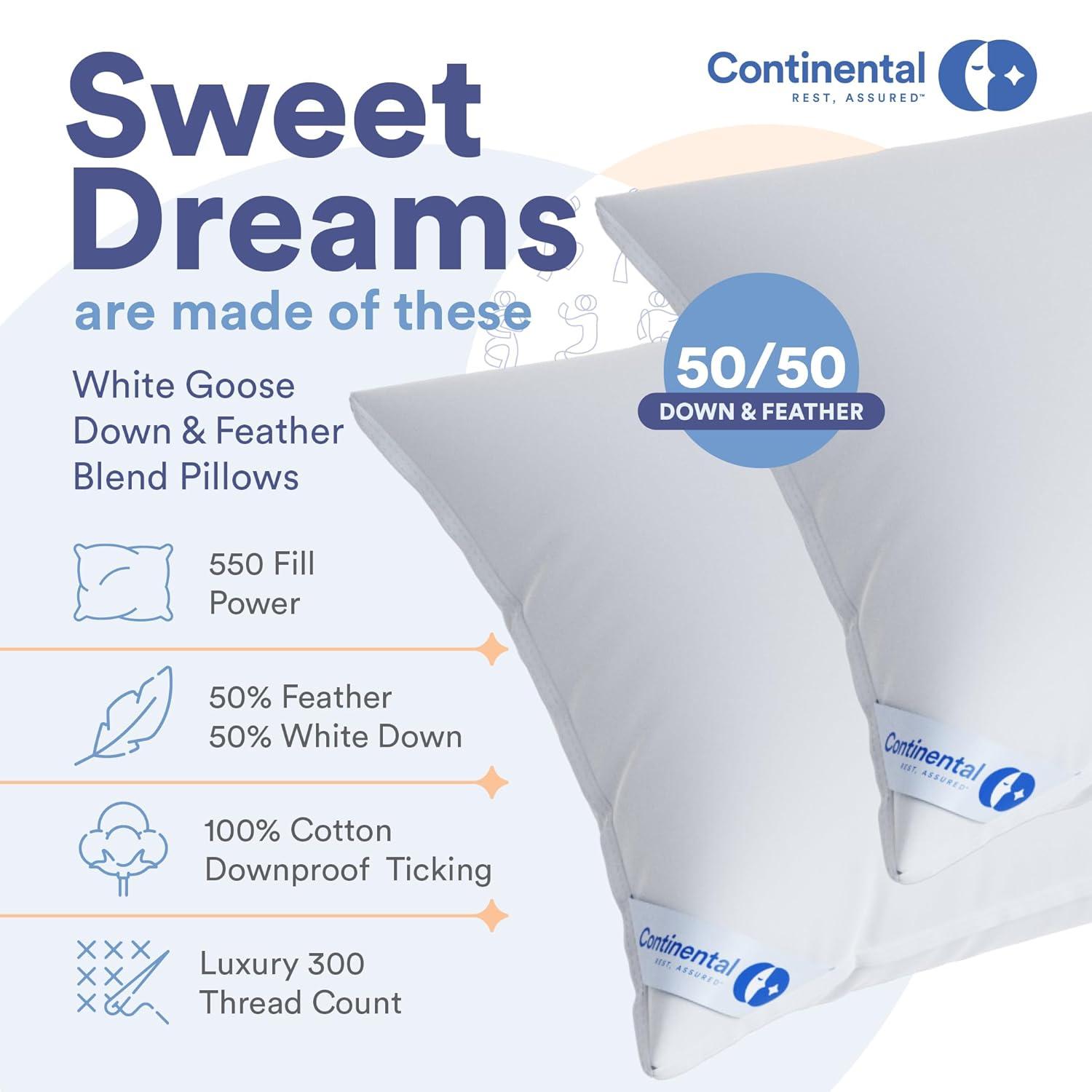 Continental Bedding 50% White Goose Down and 50% White Goose Feather Blend - King Size Pillow - Set of 2