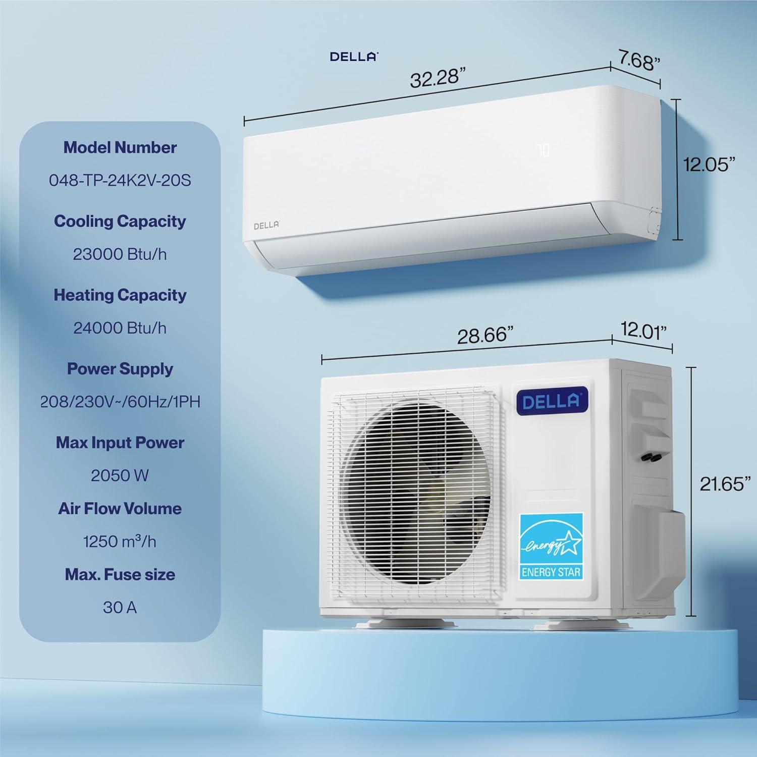 DELLA Optima Series 24,000 BTU Wifi Mini Split, Work with Alexa, Energy Star 208/230V 20 SEER2 Cools Up to 1500 Sq.Ft Inverter Air Conditioner w/2 Ton Pre-Charged Heat Pump & 16.4ft Installation Kits